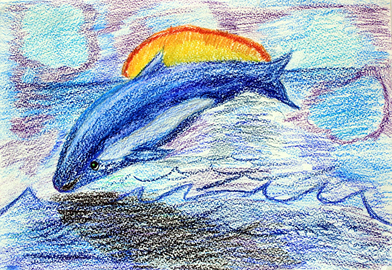 Дельфин цветными карандашами. Для срисовки