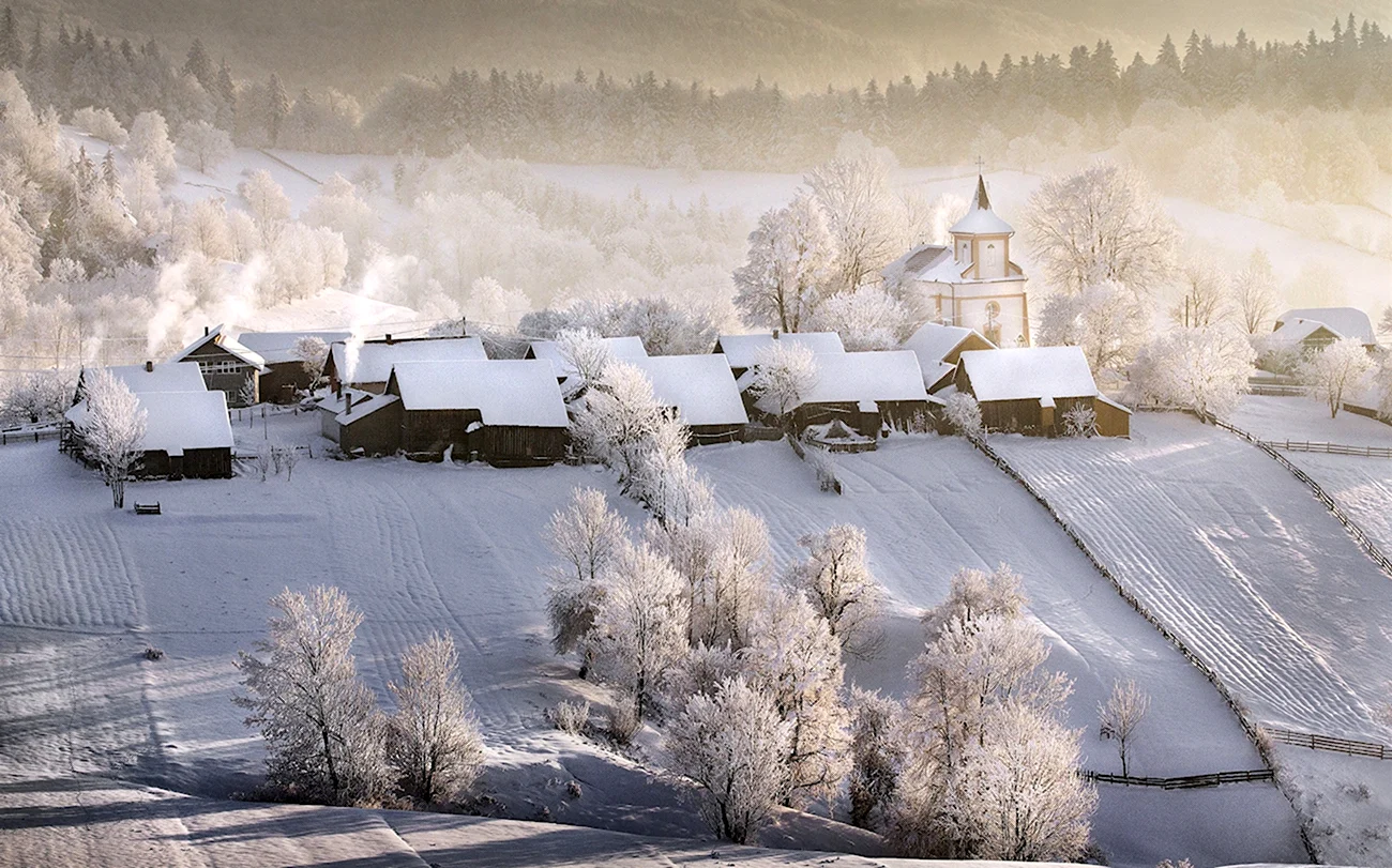 Деревня Мегрега Церковь зима. Красивая картинка