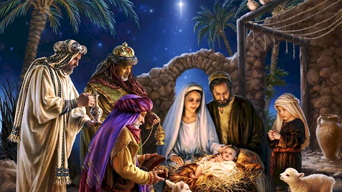 Дева Мария Иосиф рождение Христа вертеп. Открытка на праздник