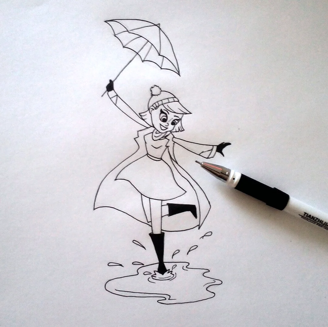 Девочка с зонтиком карандашом. Для срисовки