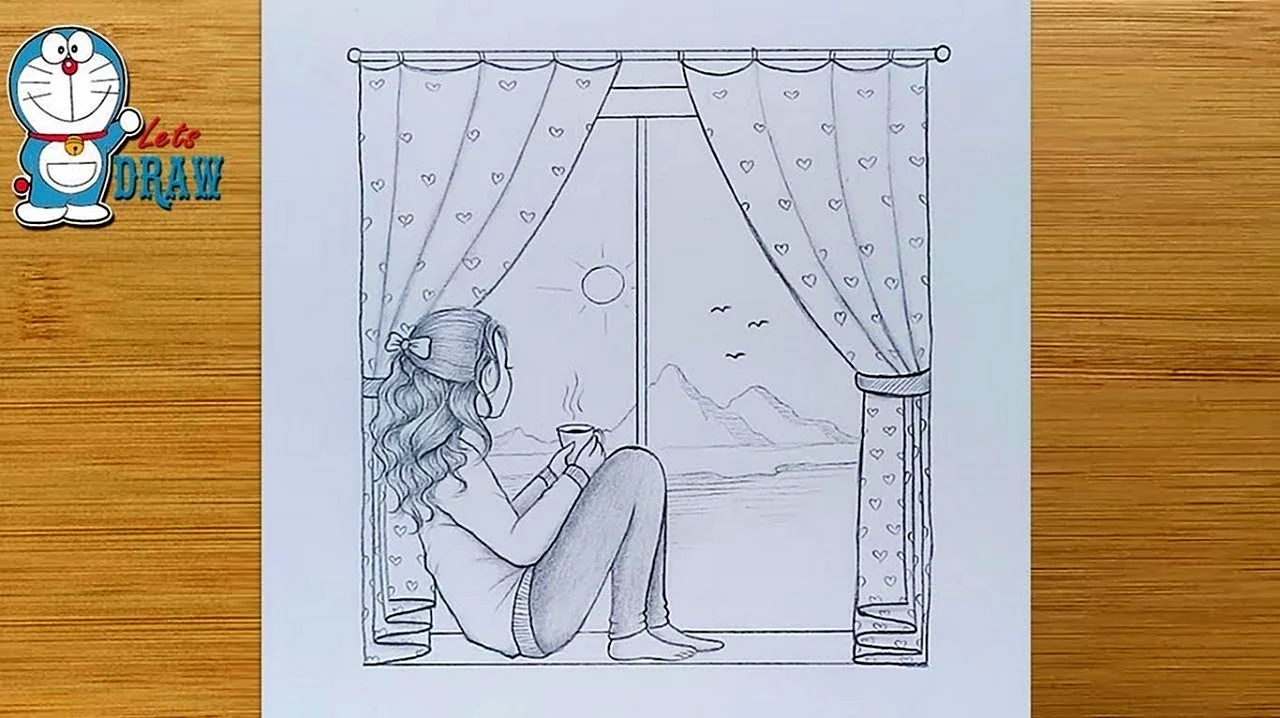 Девочка в окне рисунок карандашом. Для срисовки