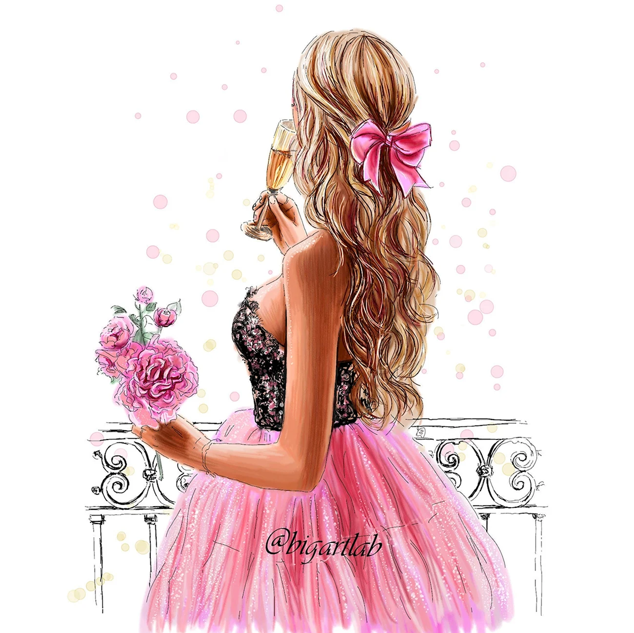 Девушка нарисованная в розовом платье. Поздравление