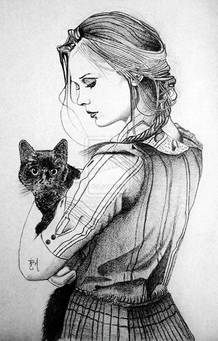 Девушка с кошкой рисунок. Для срисовки