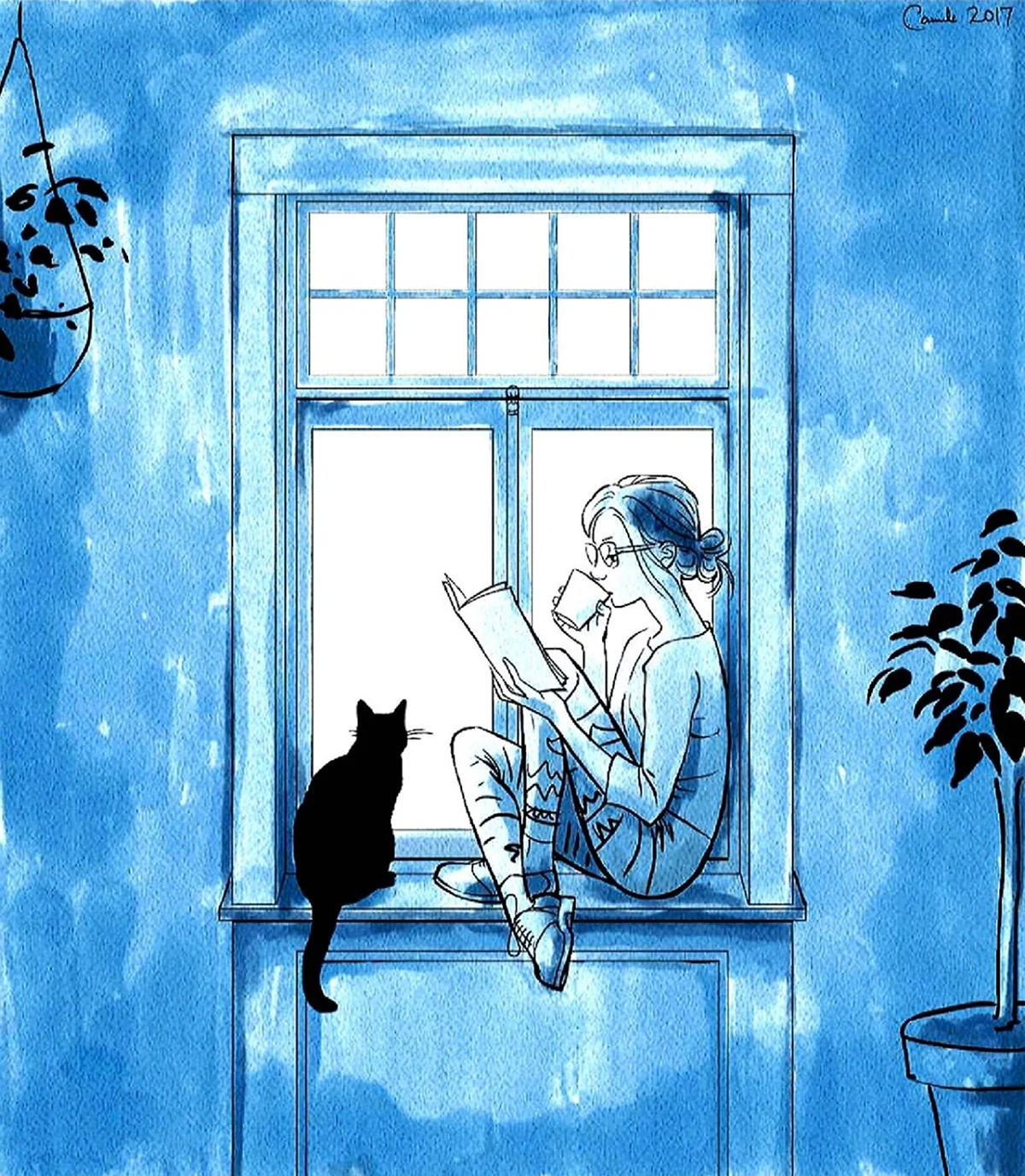 Девушка с кошкой у окна. Для срисовки