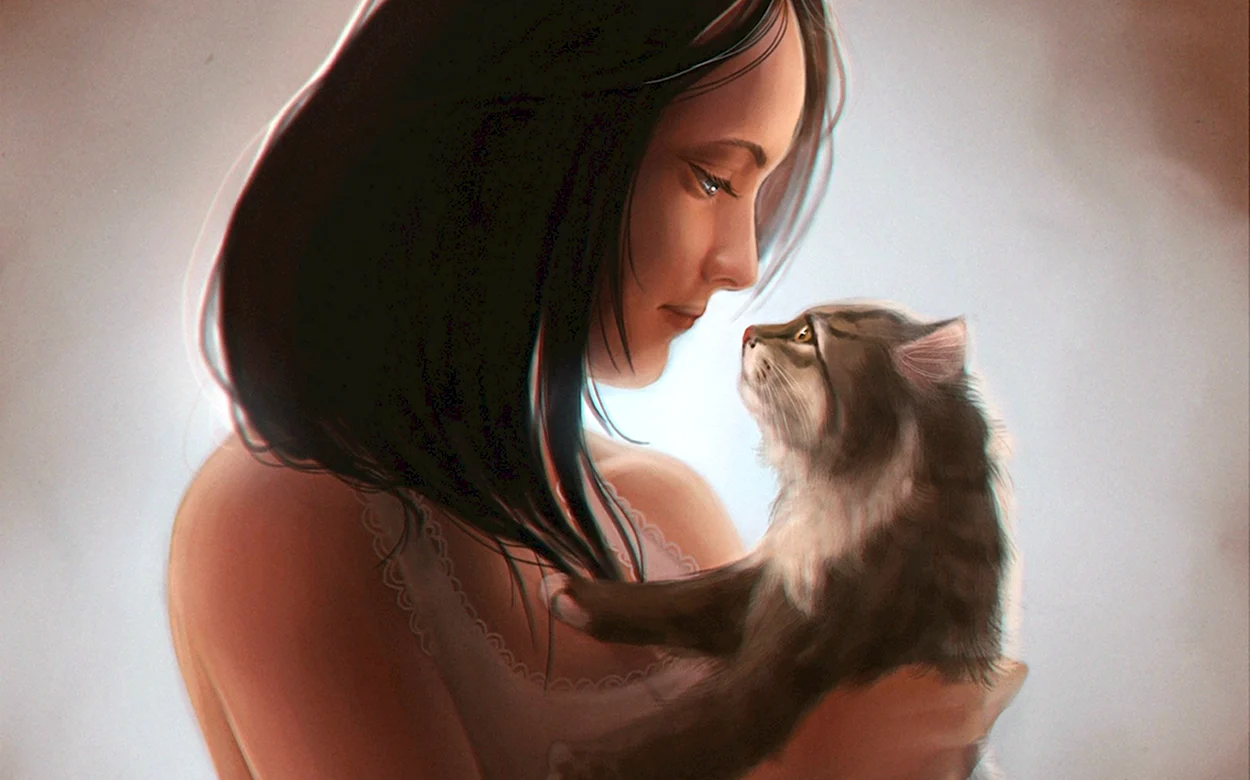 Девушка с котом арт. Красивая девушка