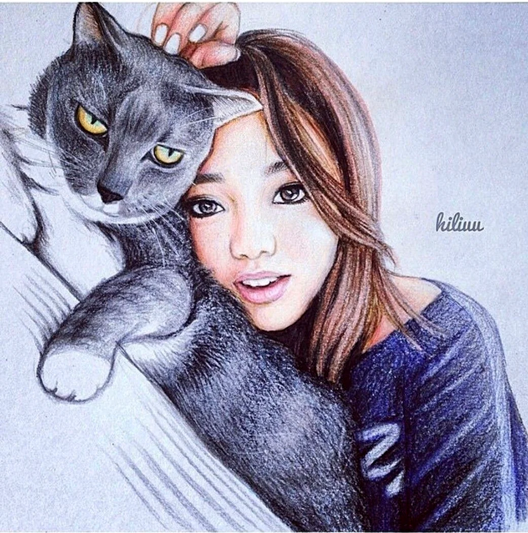 Девушка с котом рисунок карандашом
