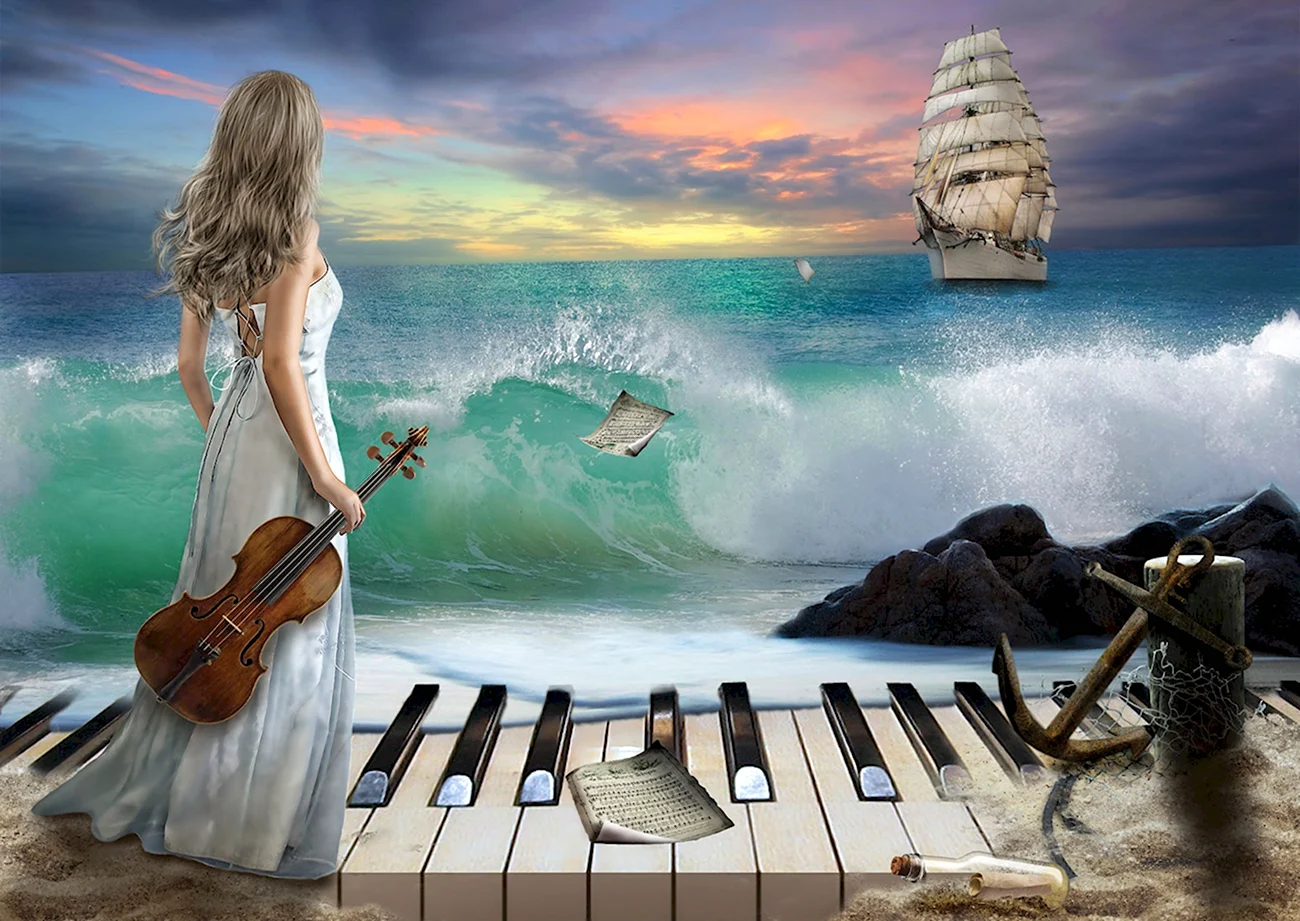 Девушка скрипка море. Красивая картинка