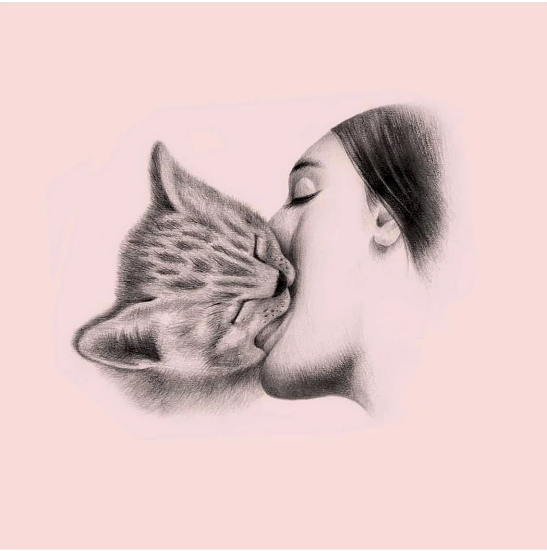 Девушка целует кошку. Для срисовки