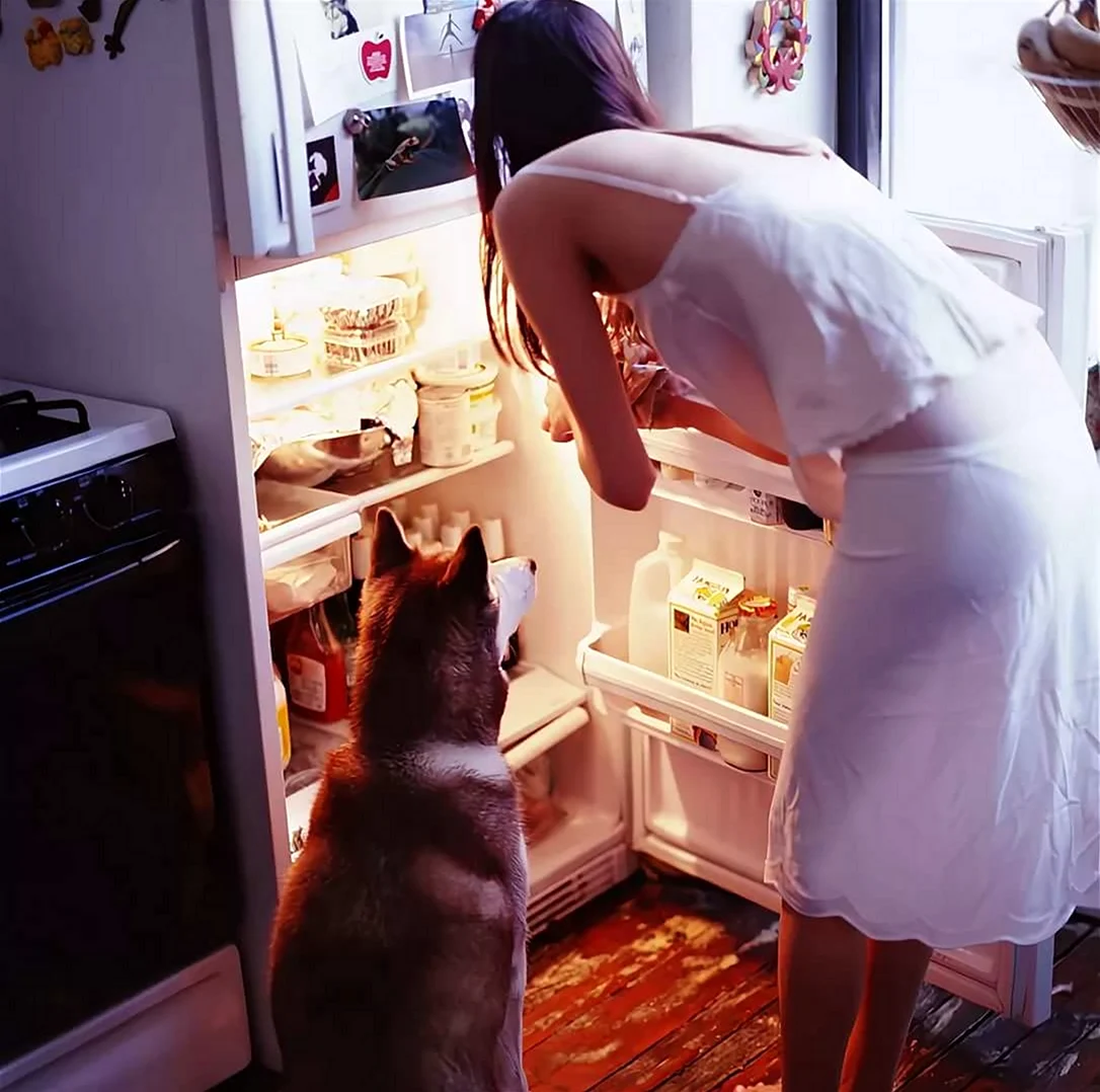Девушка у холодильника. Картинка
