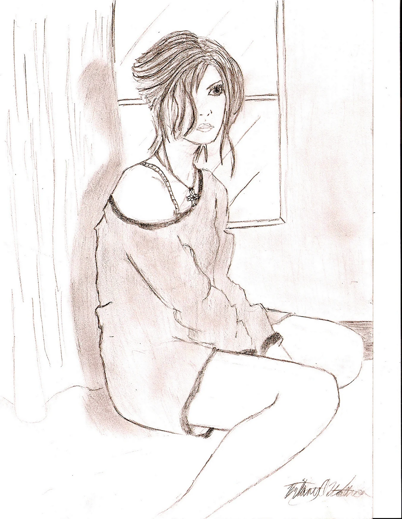Девушка у окна карандашом