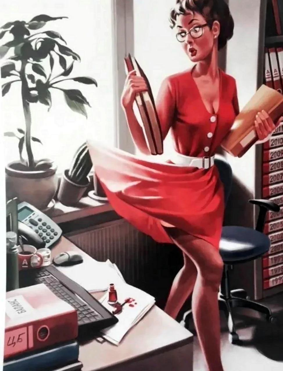Девушка в офисе пин ап. Анекдот в картинке