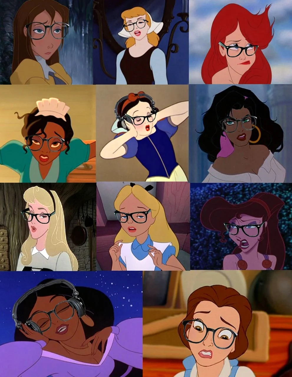 Диснеевские принцессы в очках. Прикольная картинка
