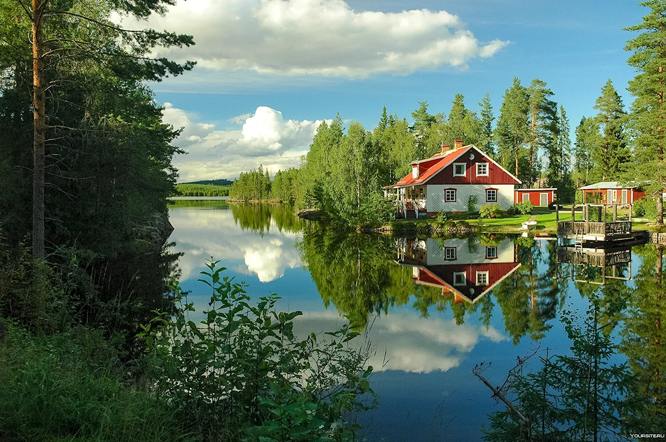 Дом Каленов в лесу у озера. Красивая картинка
