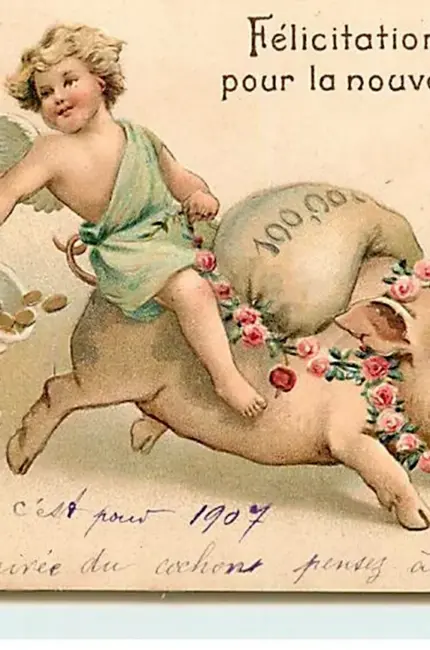 Дореволюционная Новогодняя открытка с поросятами. Картинка