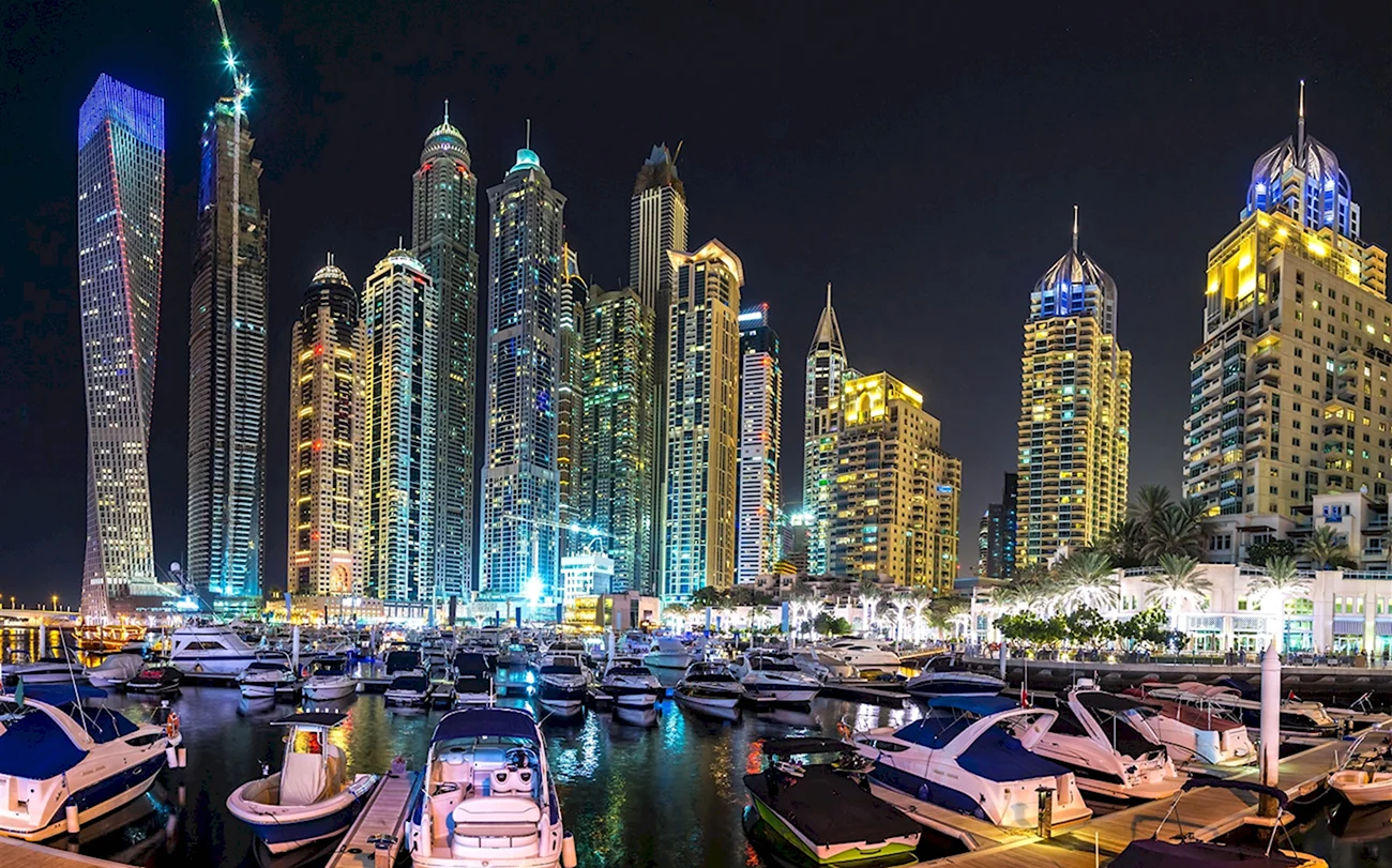 Дубай Марина небоскребы ночью. Картинка