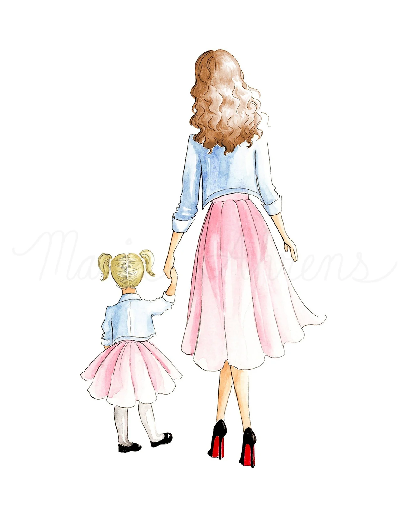 Фэшн иллюстрация мама и дочь. Для срисовки