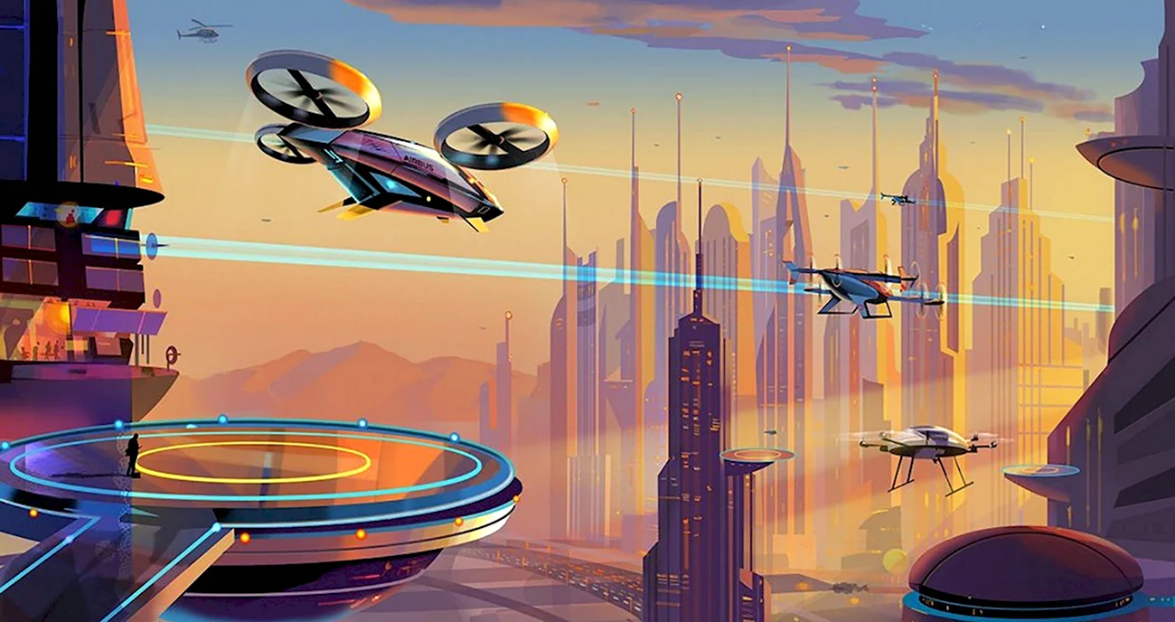 Город будущего с летающими машинами. Картинка