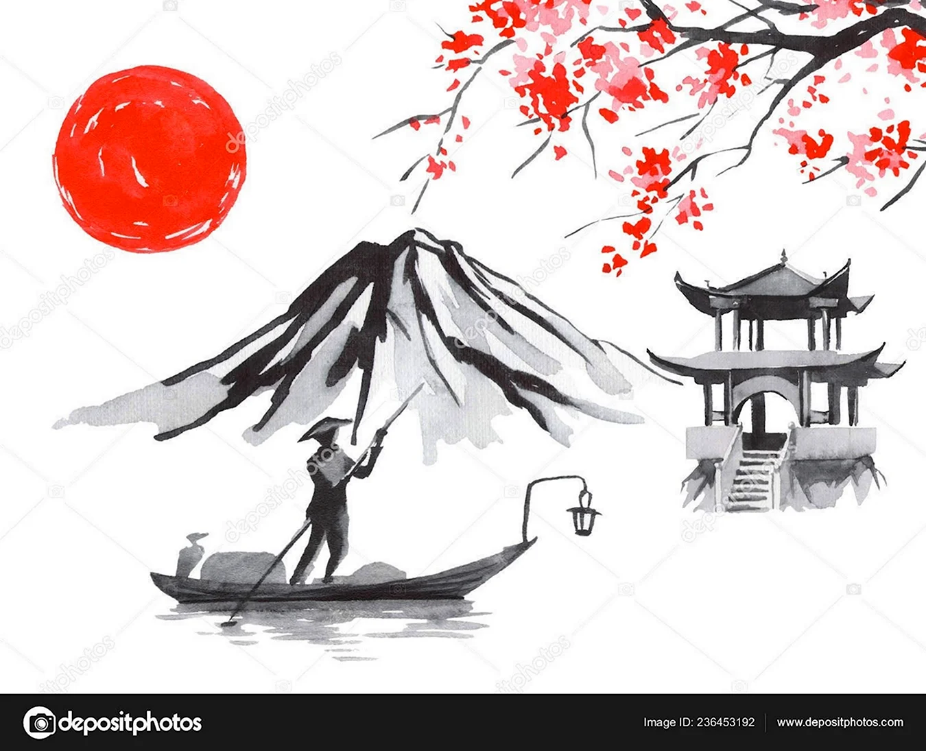Японская живопись Суми-э Сакура традиционная гора. Для срисовки