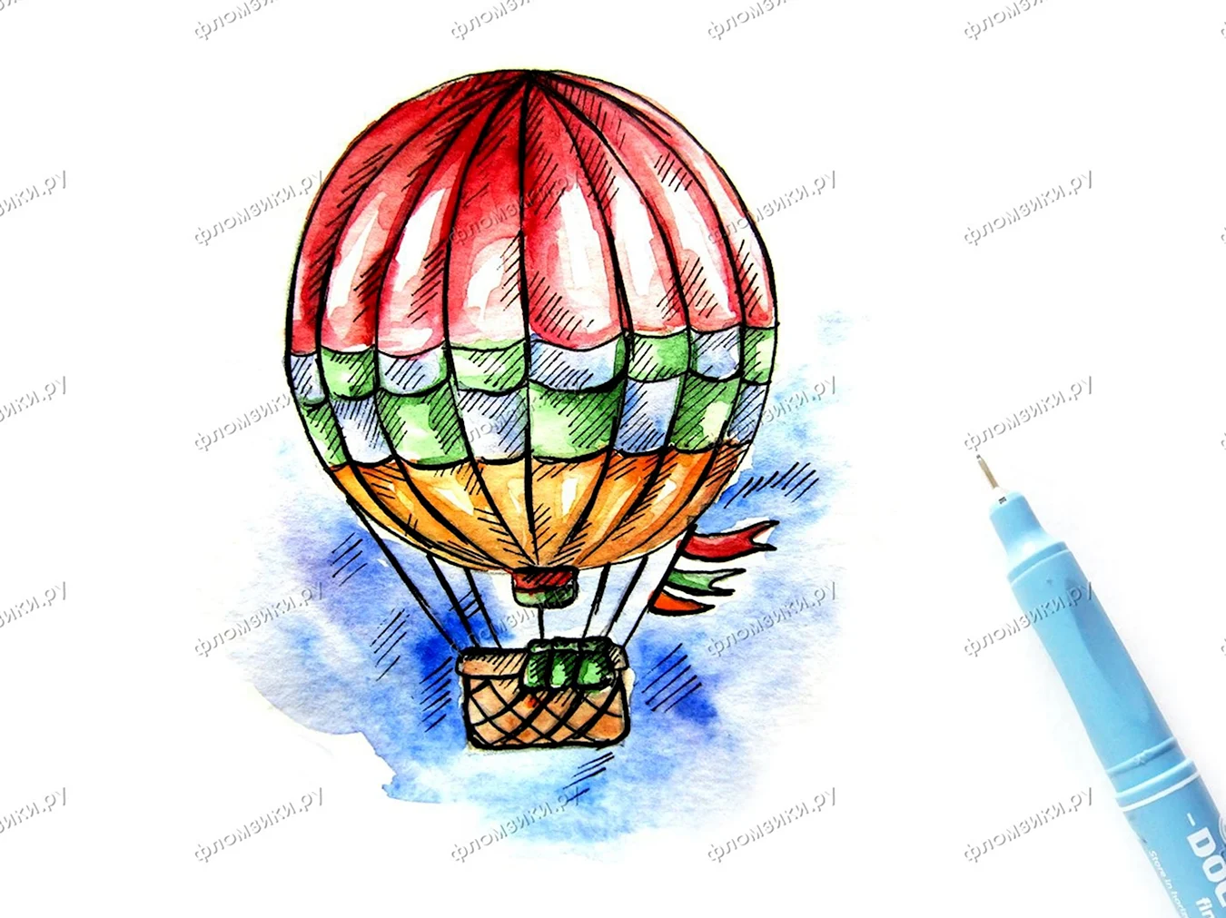 Изо рисунок воздушный шар с корзиной. Для срисовки
