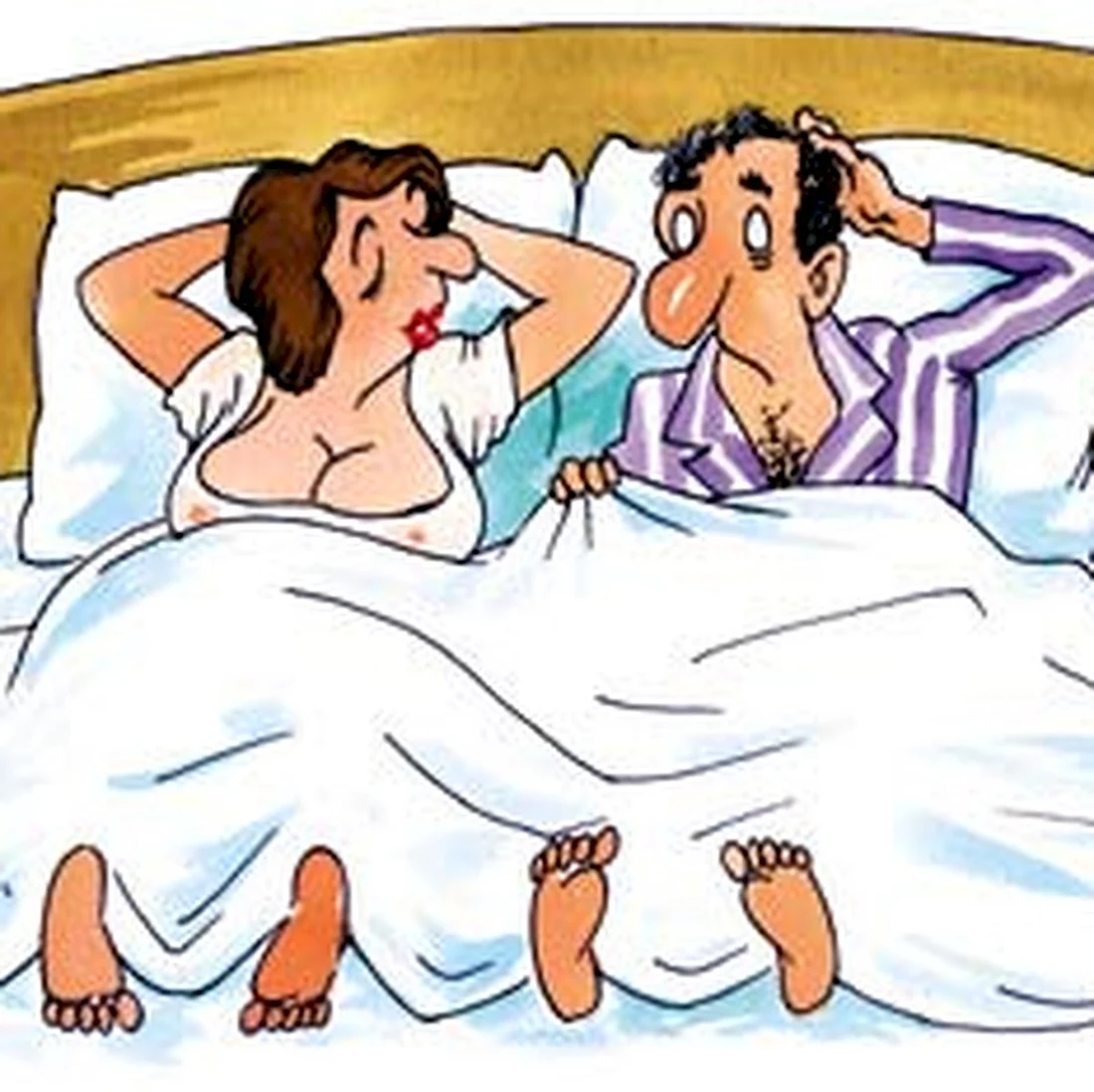 Карикатуры муж и жена в кровати. Анекдот в картинке