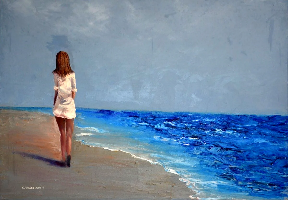 Картина девушка на берегу моря спиной. Для срисовки