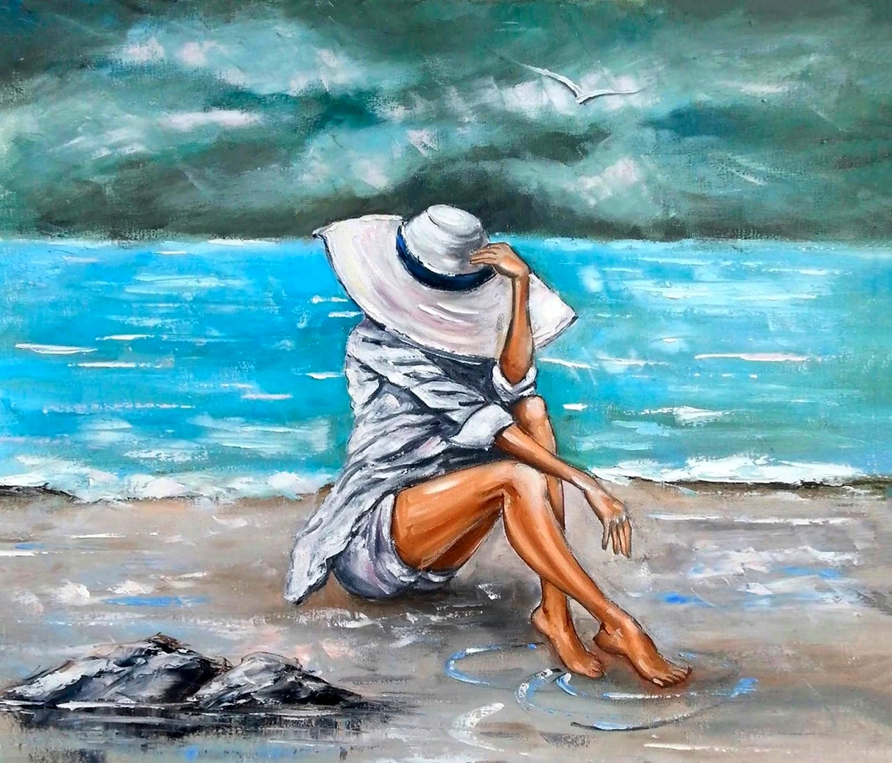 Картина маслом девушка у моря. Для срисовки