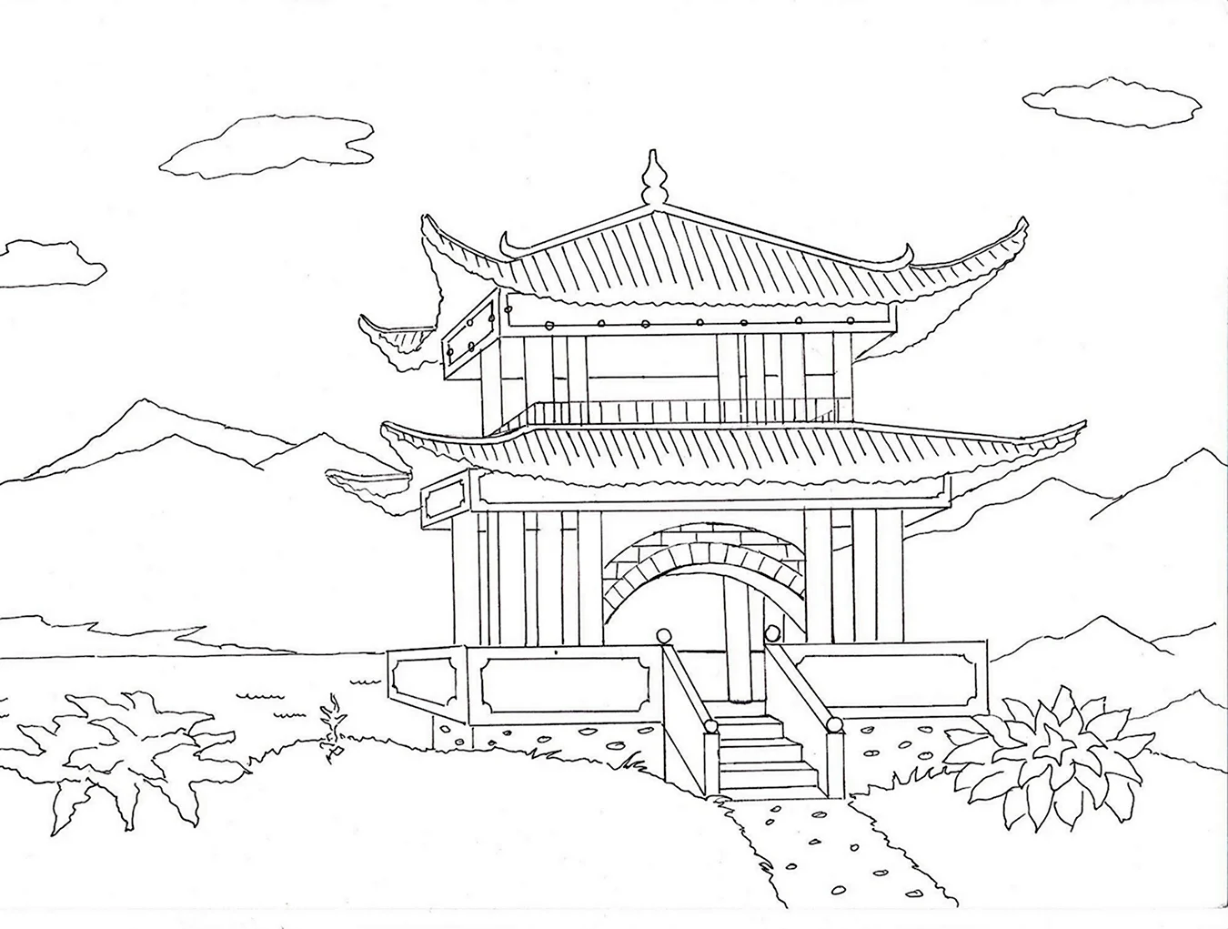 Храм Хигаси Хонгандзи Япония рисунок карандашом. Для срисовки