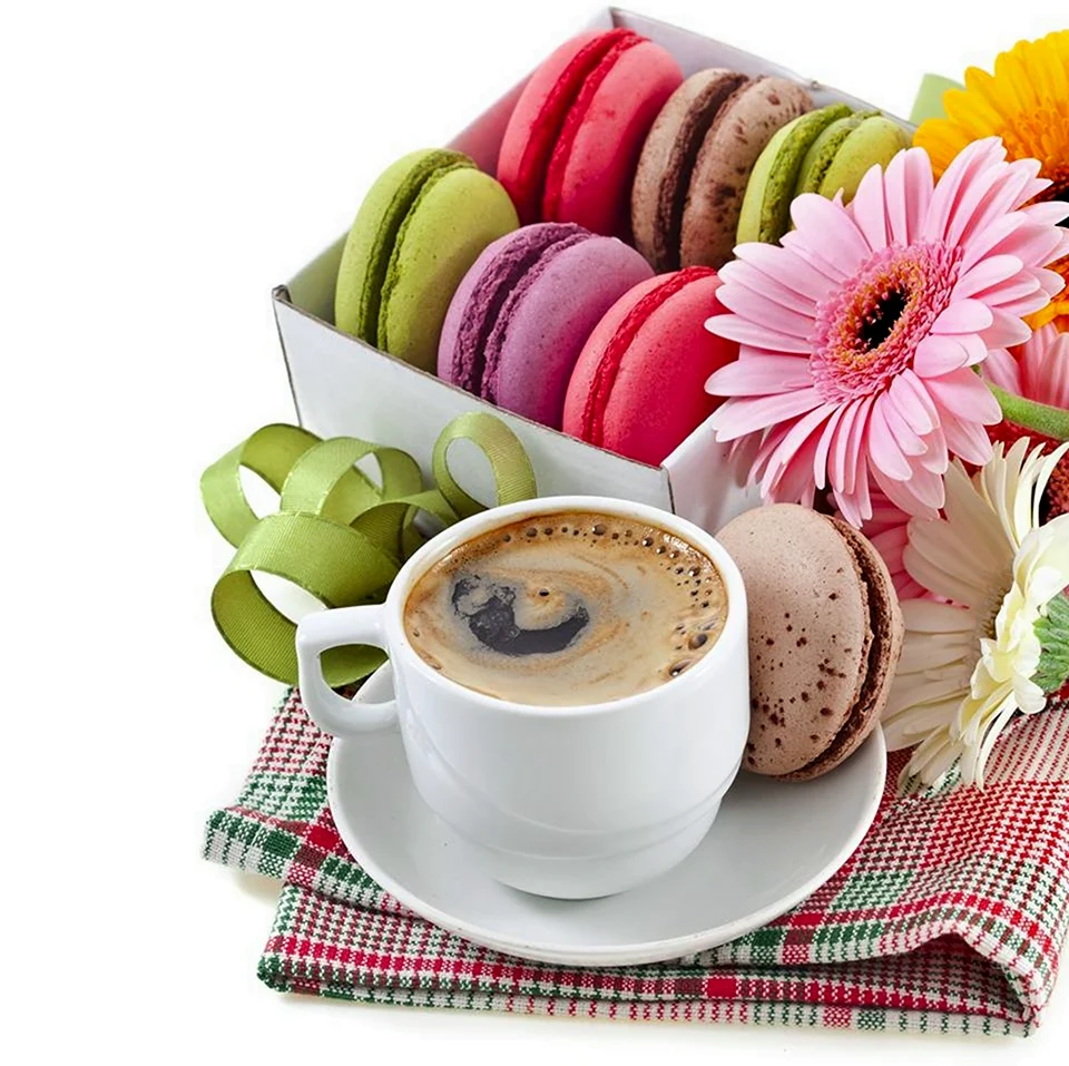 Кофе цветы и сладости. Открытка с добрым утром