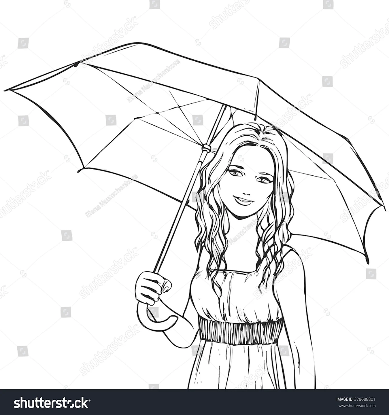 Контурное изображение девочки с зонтом в руках. Для срисовки