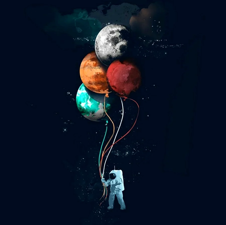 Космонавт с шариками планетами. Красивая картинка