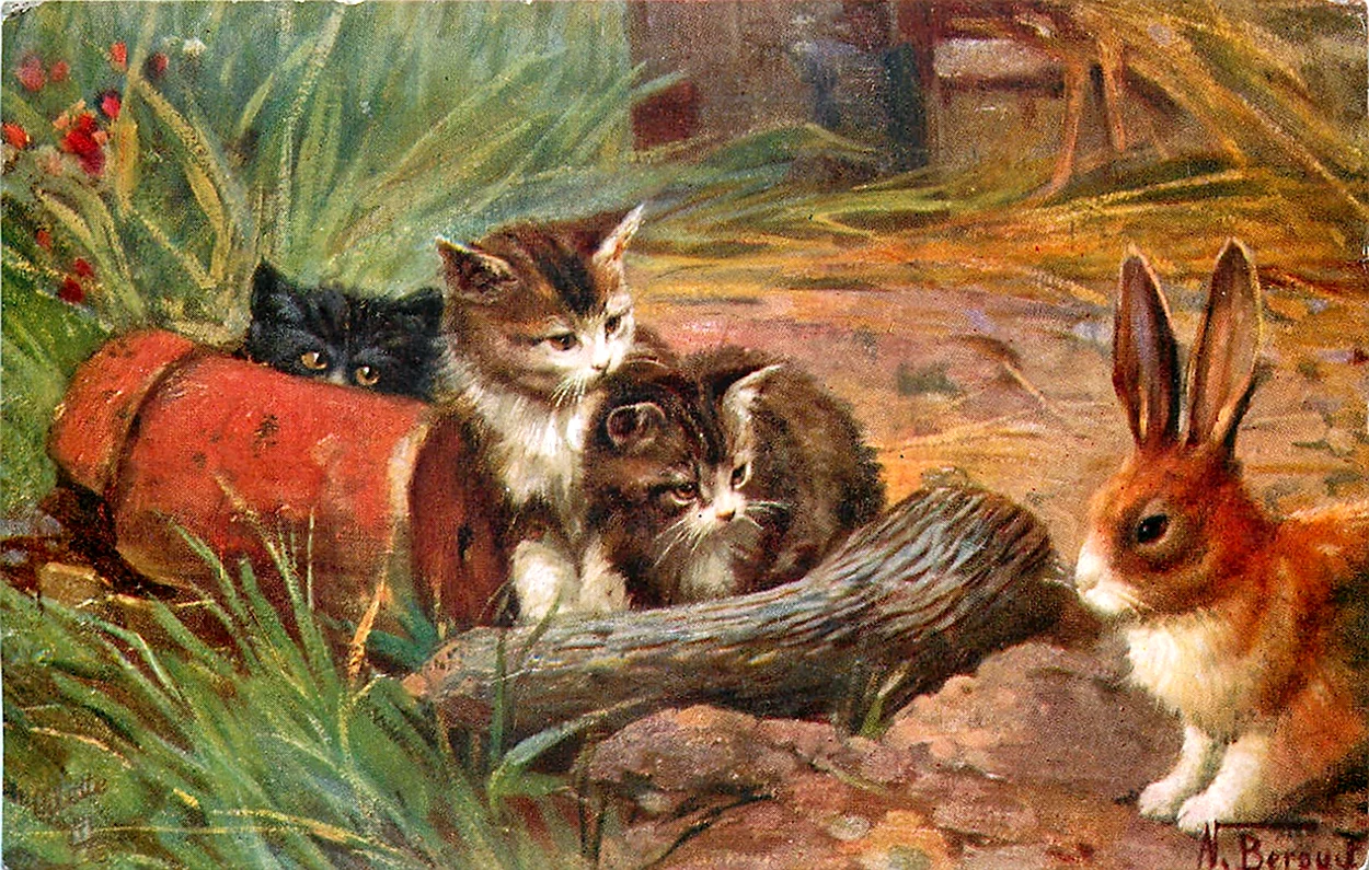Кот и кролик в живописи. Красивое животное