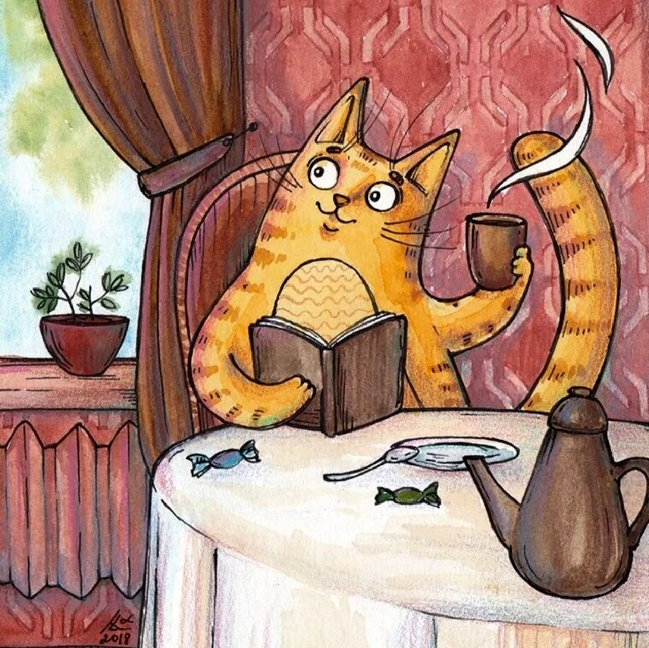 Котики пьют чай. Для срисовки