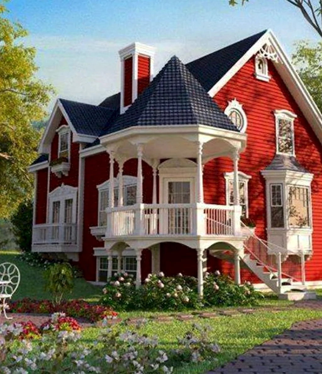 Красный фасад дома. Красивая картинка