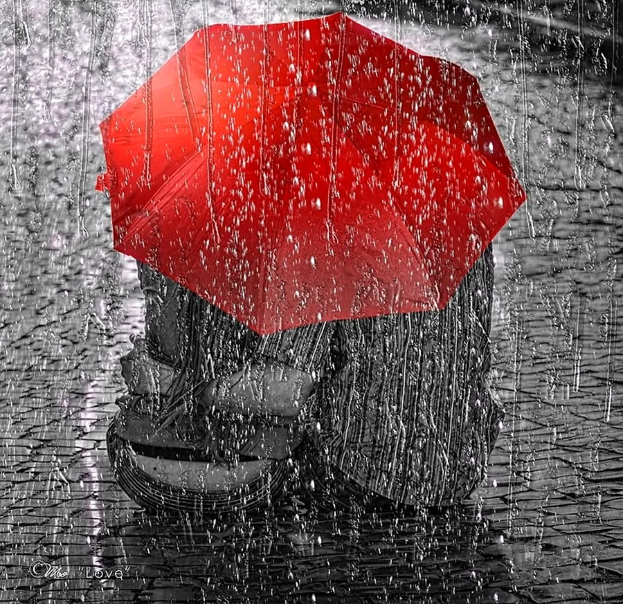 Красный зонт под дождем. Красивая картинка