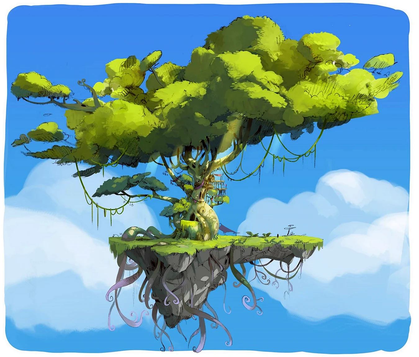 Летающий остров с деревом. Для срисовки