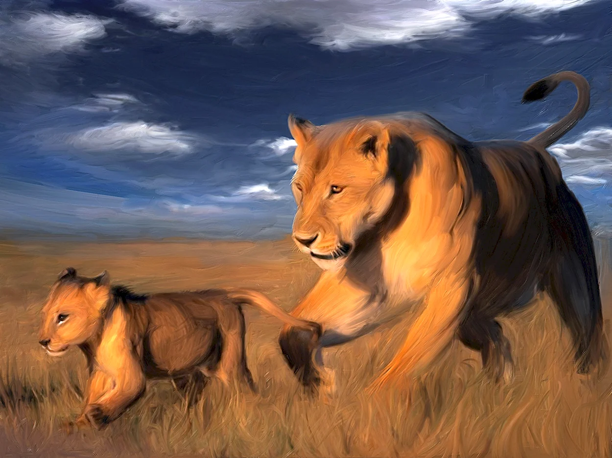 Лев и львица в саванне. Красивое животное