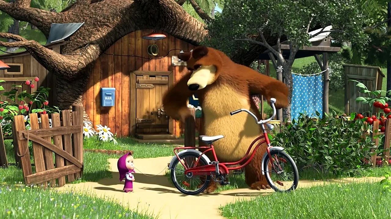 Маша и медведь на велосипеде. Картинка из мультфильма