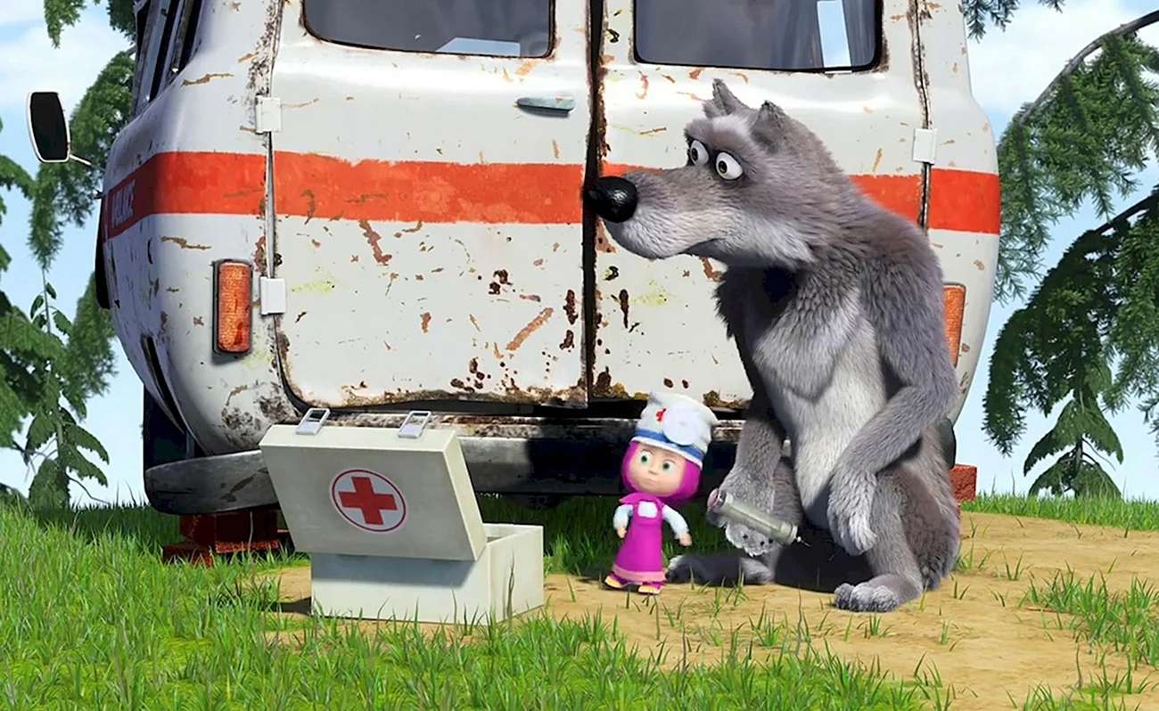 Маша и медведь с волками жить. Картинка из мультфильма