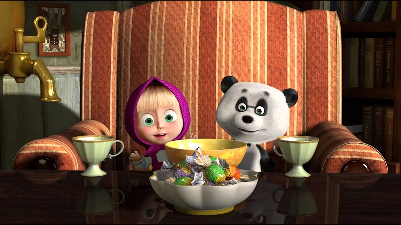 Маша и медведь за столом. Картинка из мультфильма