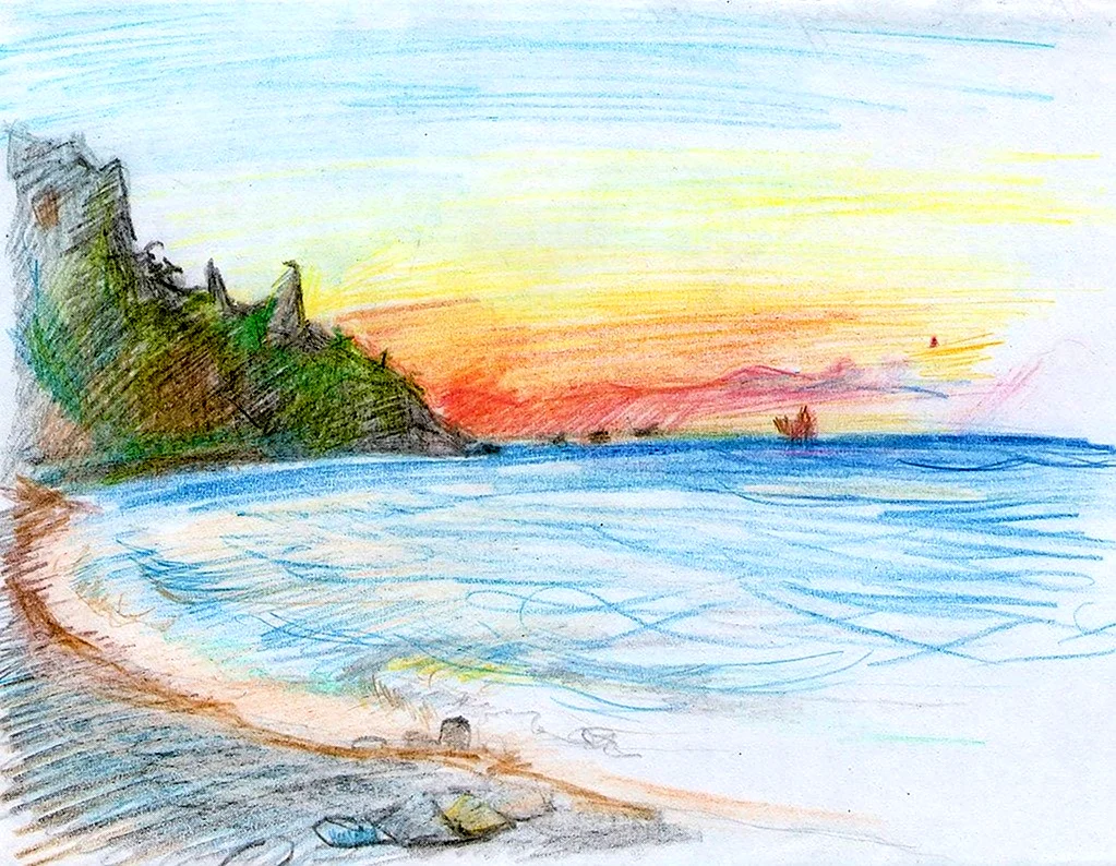 Морской пейзаж цветными карандашами. Для срисовки