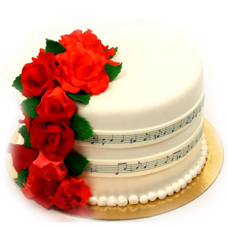 Музыкальный торт с цветами. Открытка с днем рождения