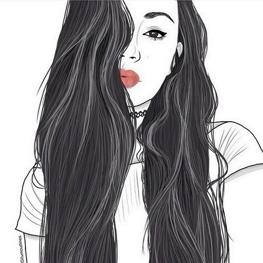 Нарисованная девушка с длинными волосами. Для срисовки