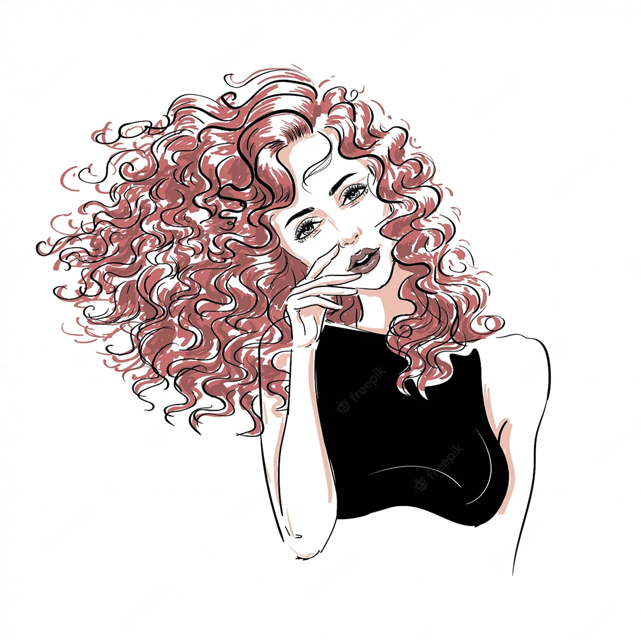 Нарисованная девушка с кудрявыми волосами. Для срисовки