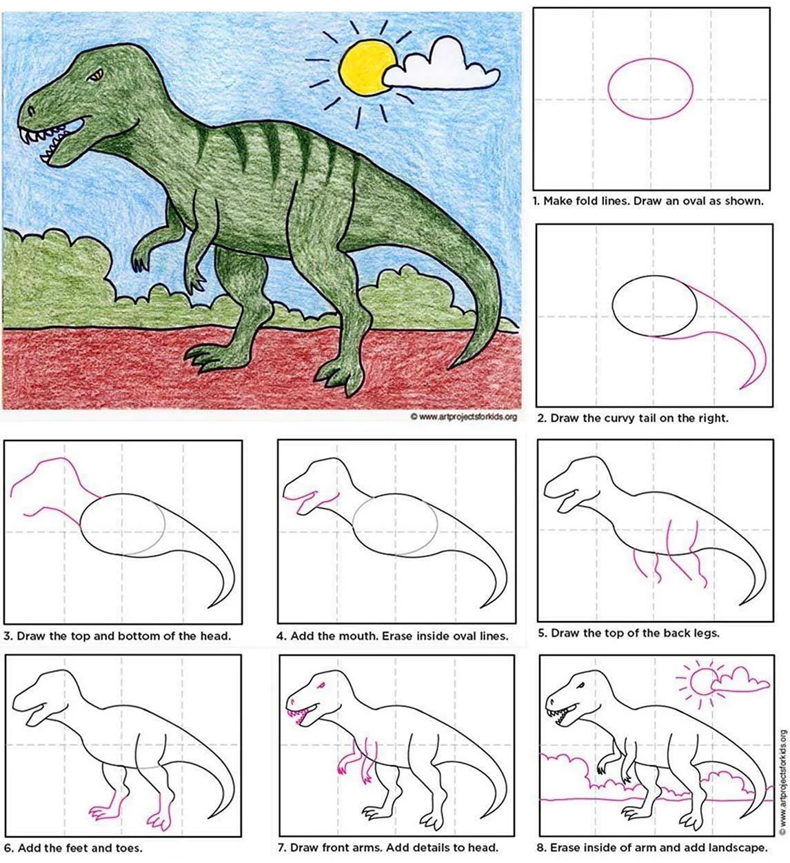 Нарисовать динозавра для детей поэтапно. Для срисовки