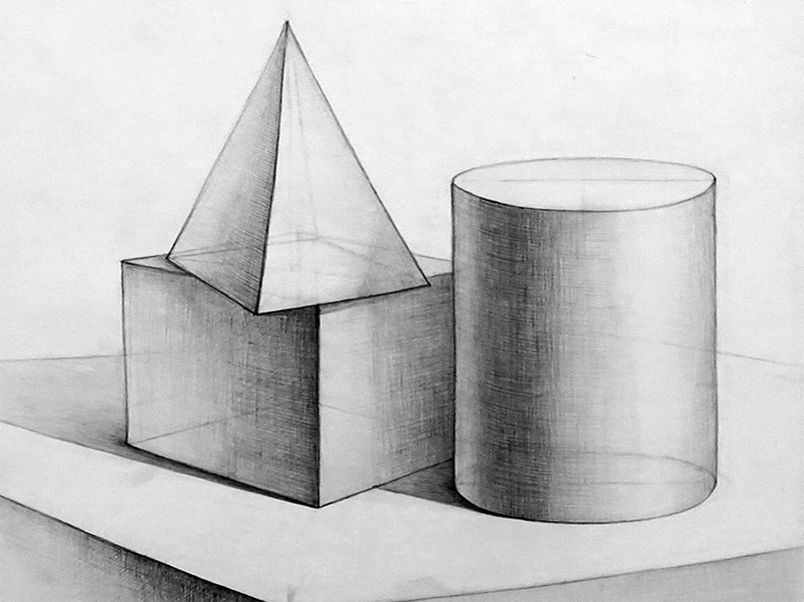 Натюрморт из геометрических форм куб конус шар Графика.. Для срисовки
