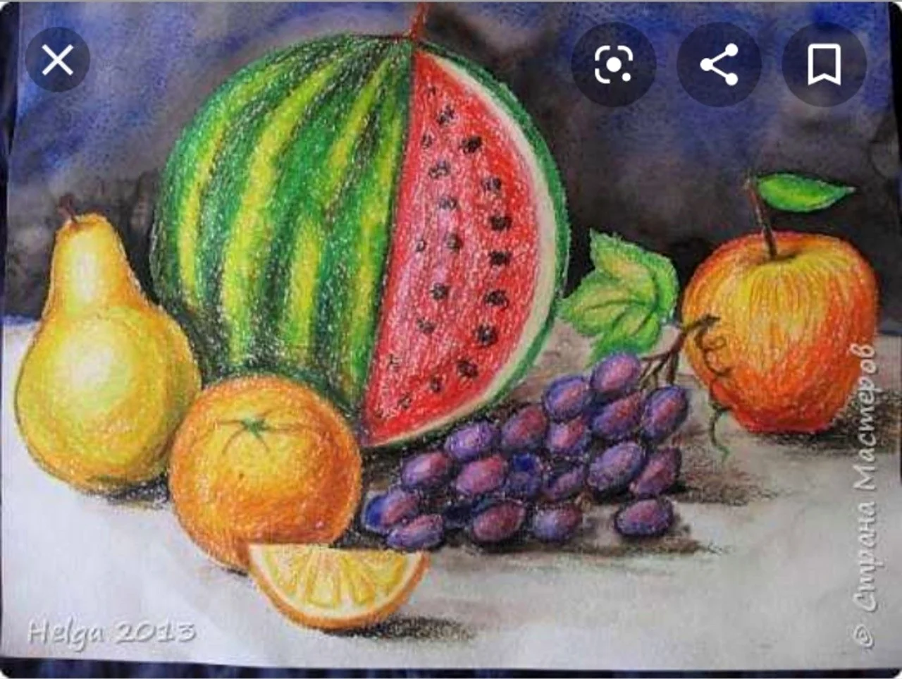 Натюрморт с фруктами цветными карандашами. Для срисовки