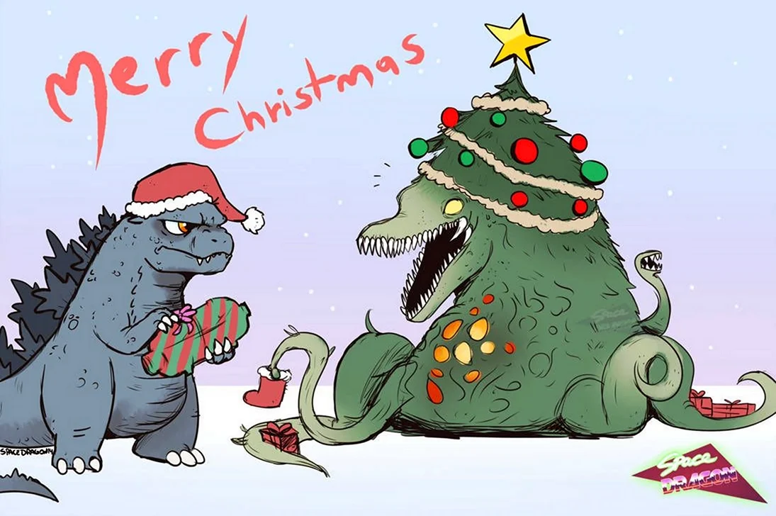 Новогодний динозавр. Открытка на праздник