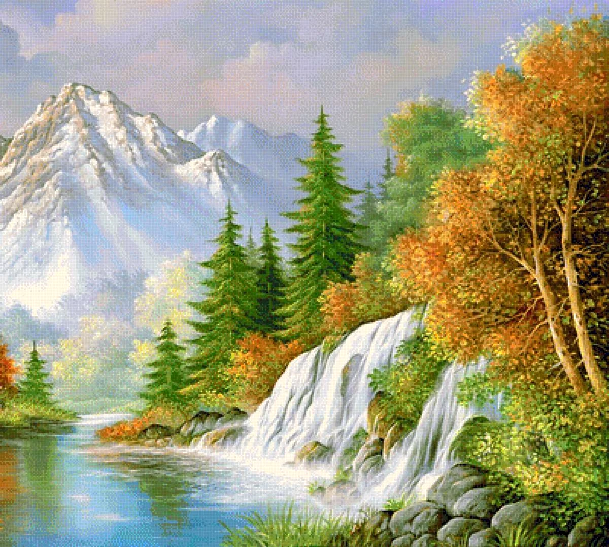 Пейзаж с водопадом и горами. Красивая картинка