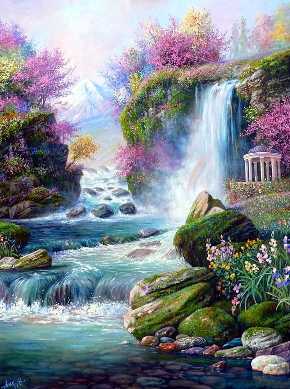 Пейзаж водопад живопись Freska. Красивая картинка