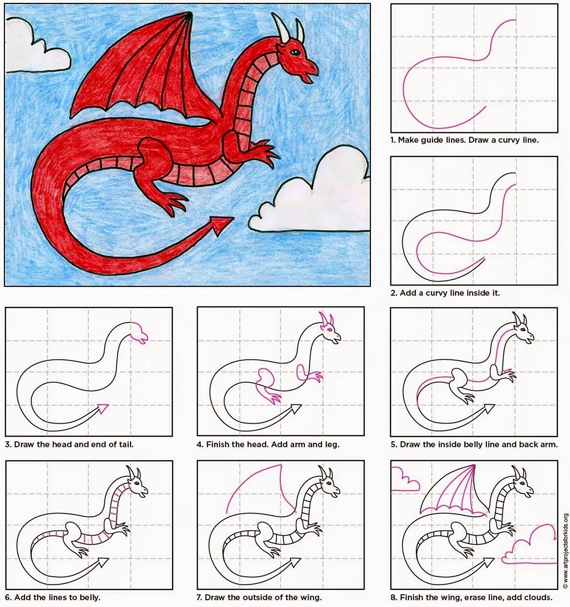 Поэтапное рисование дракона для детей. Для срисовки